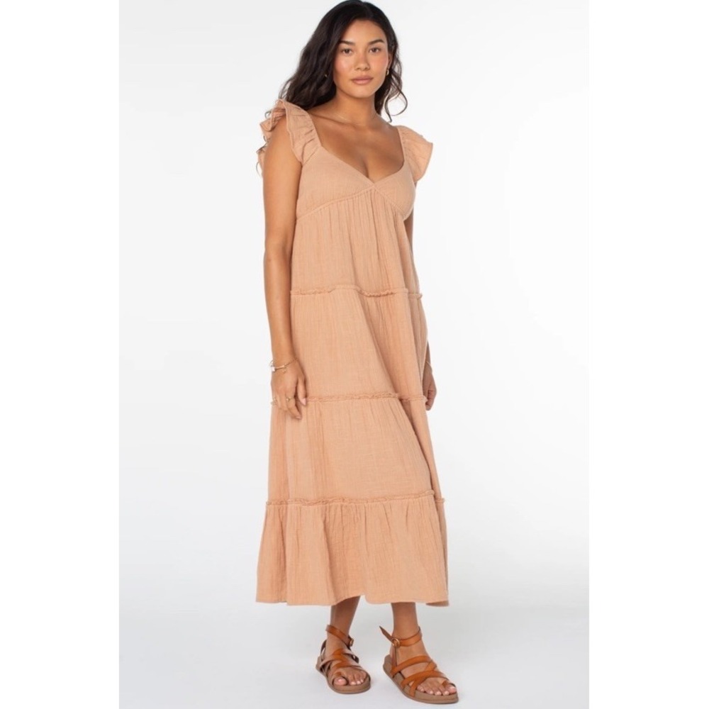 Roxy Juniors Women's Palmy Days Midi Sun Dress Long Tiered Praline Solid Brown L - Picture 3 of 10